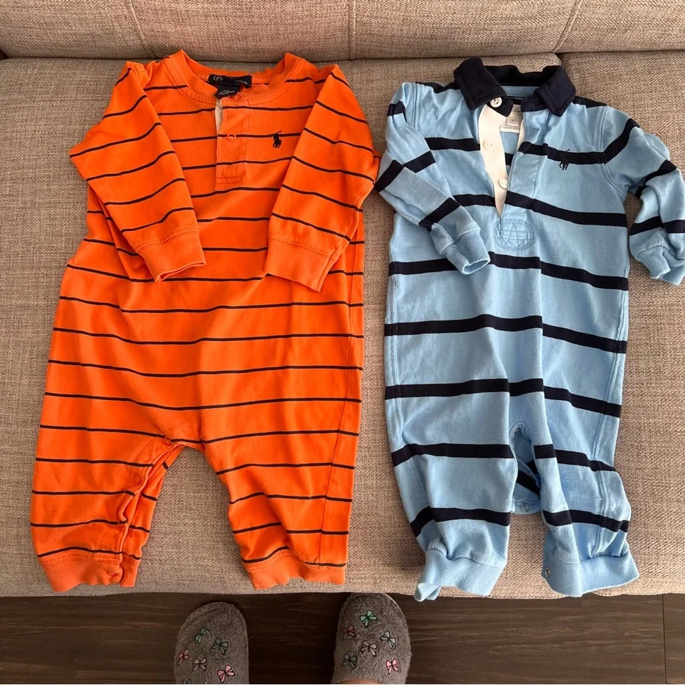 Ralph Lauren 2-pack Orange and Blue Striped Baby Rompers boys 6 and 18 months - Picture 2 of 12